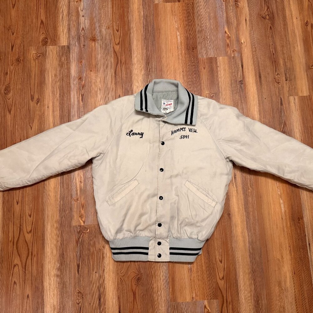 Men’s Vintage Butwin Button Up Jacket Varsity 80s Mens M gray Sports -Hamm's VFW